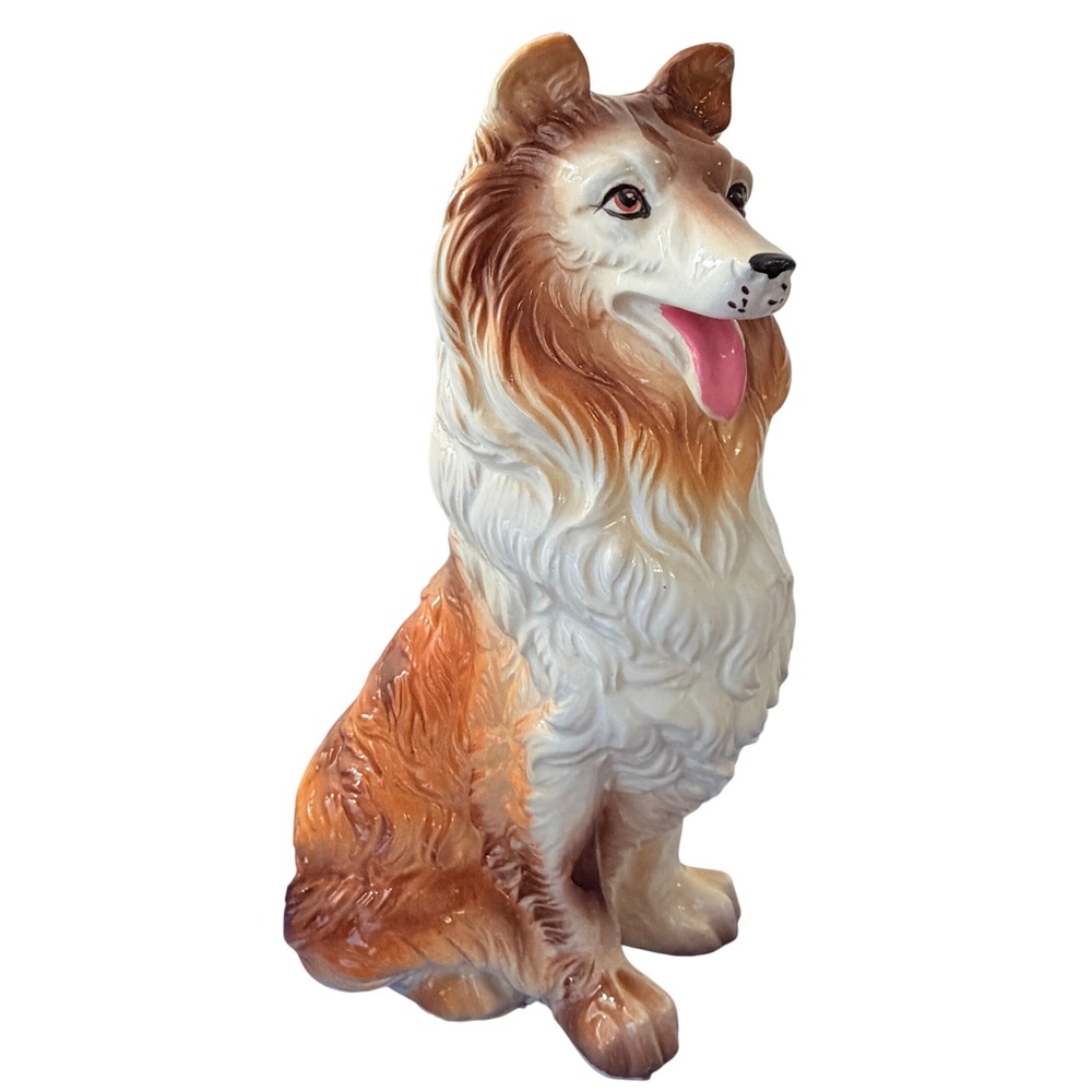 12" Vintage Ceramic Collie Dog Statue Figurine Seated Lassie Sable Tall RARE